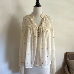 FREE PEOPLE Cream Sheer Gold Polka Dot Blouse XS
